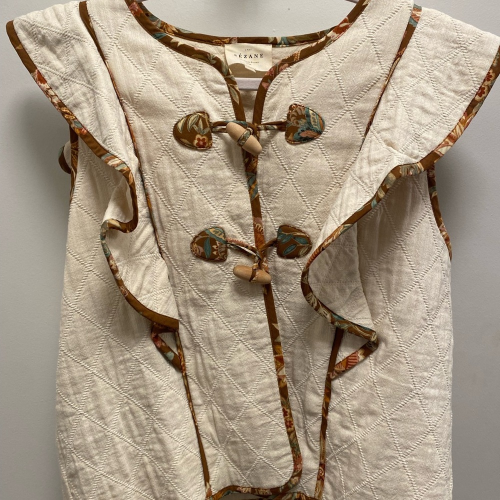 Sezane Cream Quilted Vest with Brown Accents